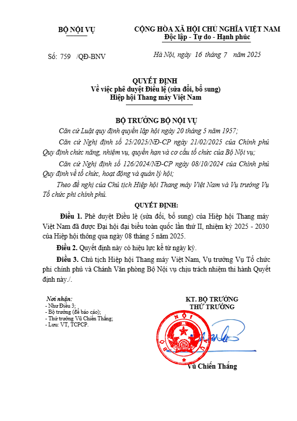 Quyết định thành lập Hiệp hội thang máy Việt Nam