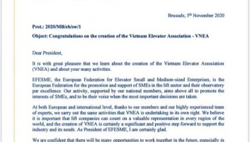 Thư chúc mừng của Liên đoàn Doanh nghiệp Thang máy Vừa và Nhỏ Châu Âu (EFESME).