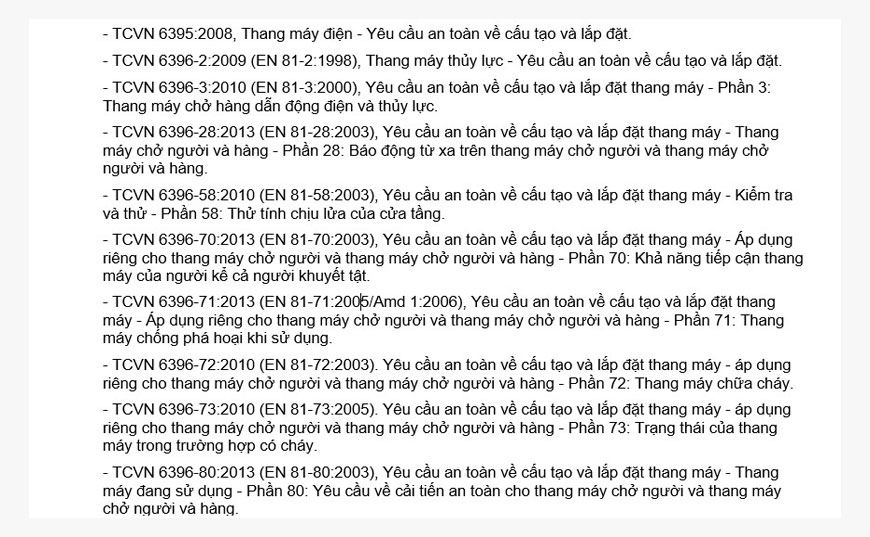 Một số phiên bản tiêu chuẩn quốc gia về thang máy được VNEA tham khảo